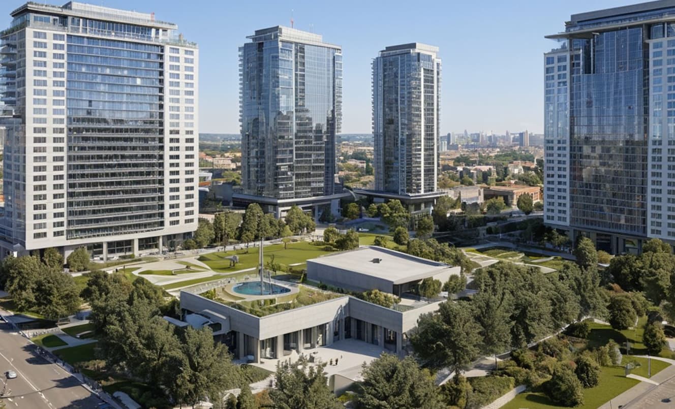Rendering of a church campus integrated with surrounding mid-rise residential towers and shared green space
